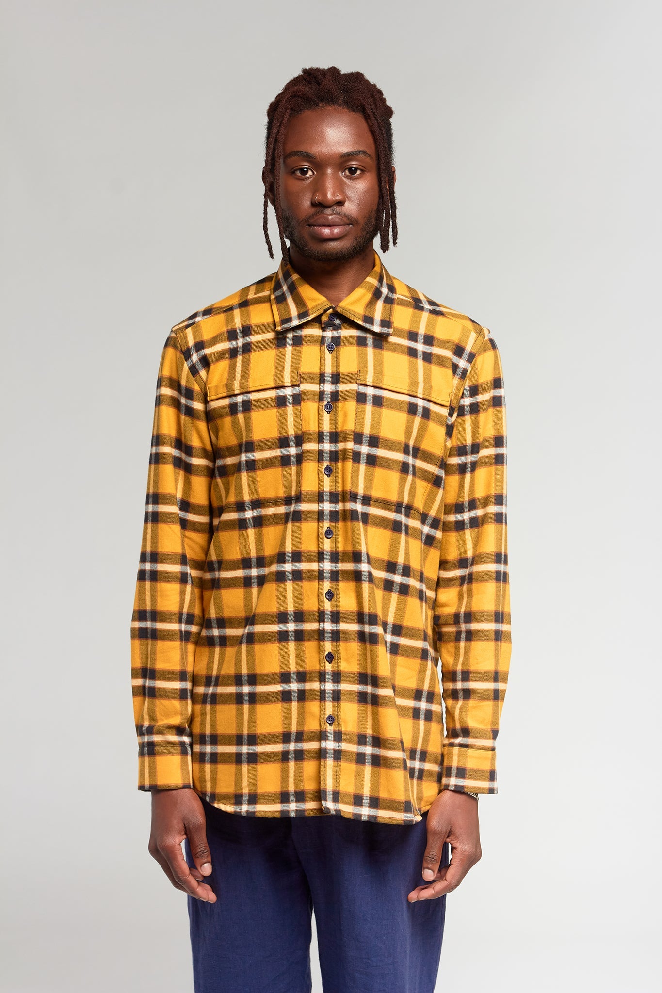 A.BCH A.46 Navy Marigold Plaid Fine Flannel Shirt in Japanese Organic Cotton