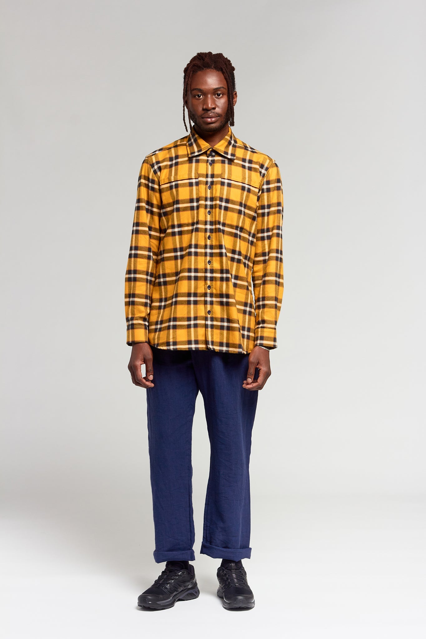 A.BCH A.46 Navy Marigold Plaid Fine Flannel Shirt in Japanese Organic Cotton