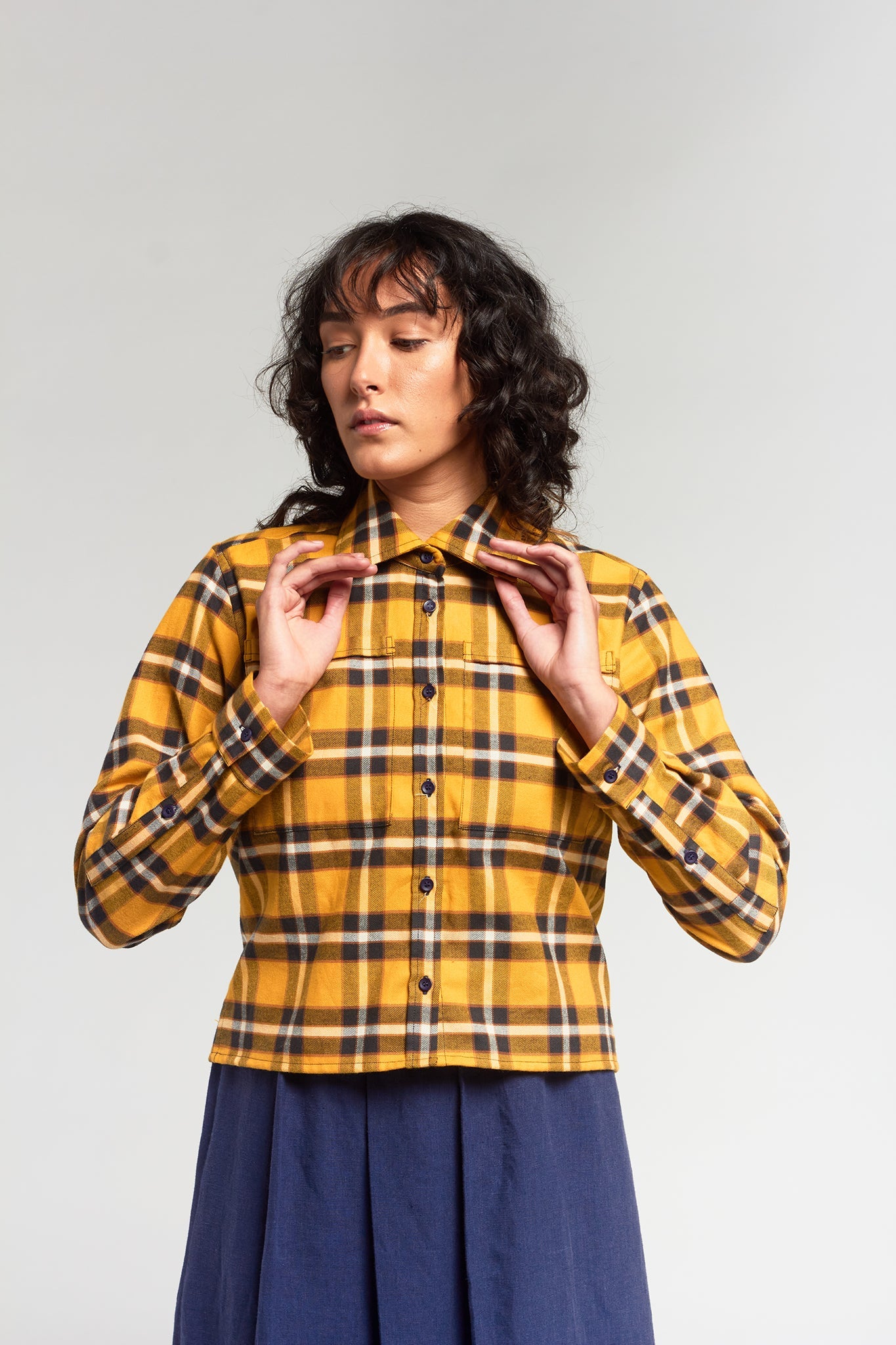 A.BCH A.46 Navy Marigold Plaid Cropped Fine Flannel Shirt in Japanese Organic Cotton