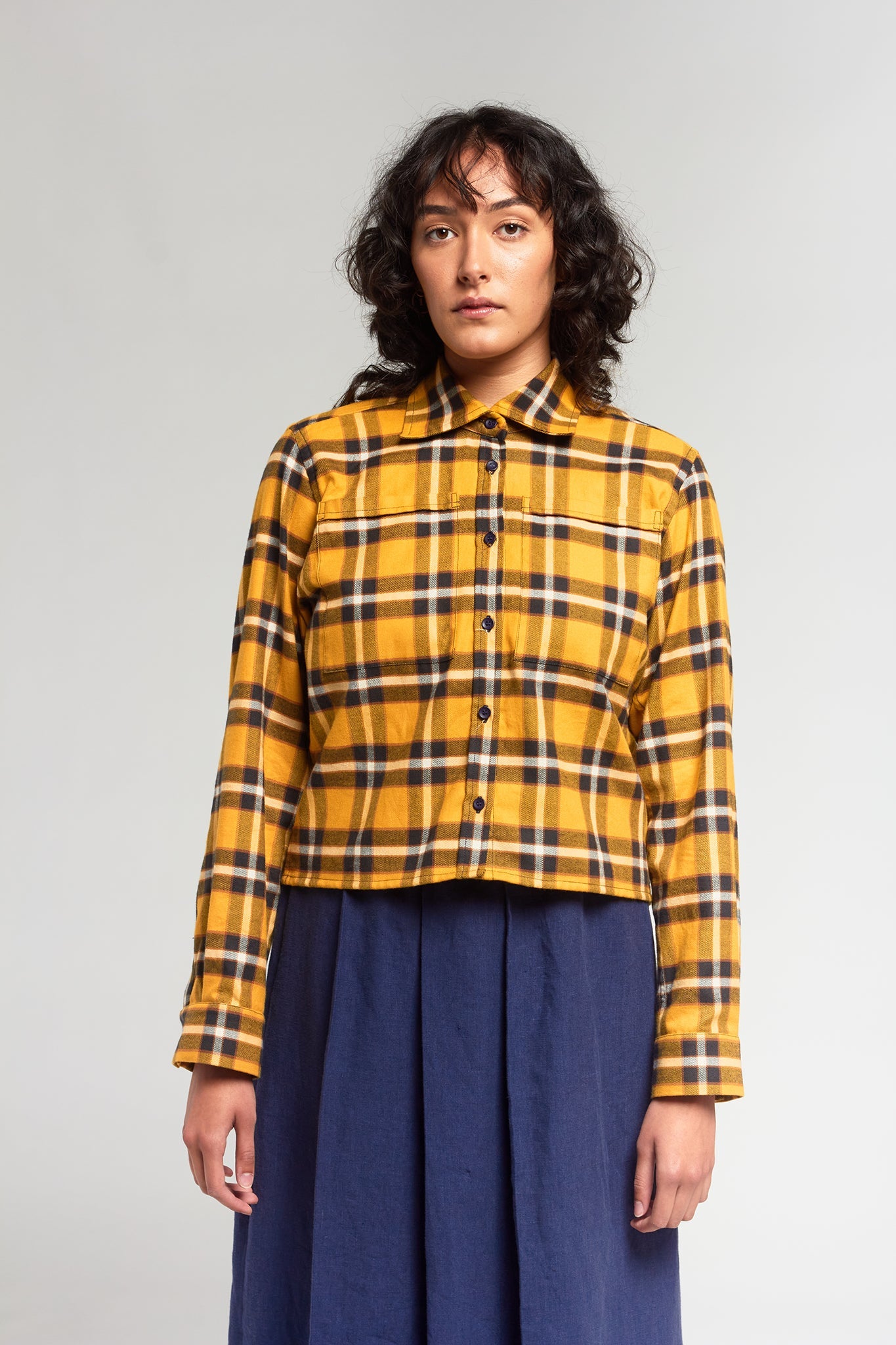 A.BCH A.46 Navy Marigold Plaid Cropped Fine Flannel Shirt in Japanese Organic Cotton
