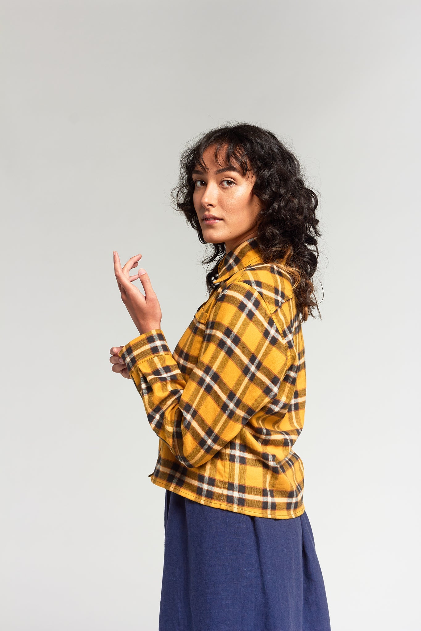 A.BCH A.46 Navy Marigold Plaid Cropped Fine Flannel Shirt in Japanese Organic Cotton