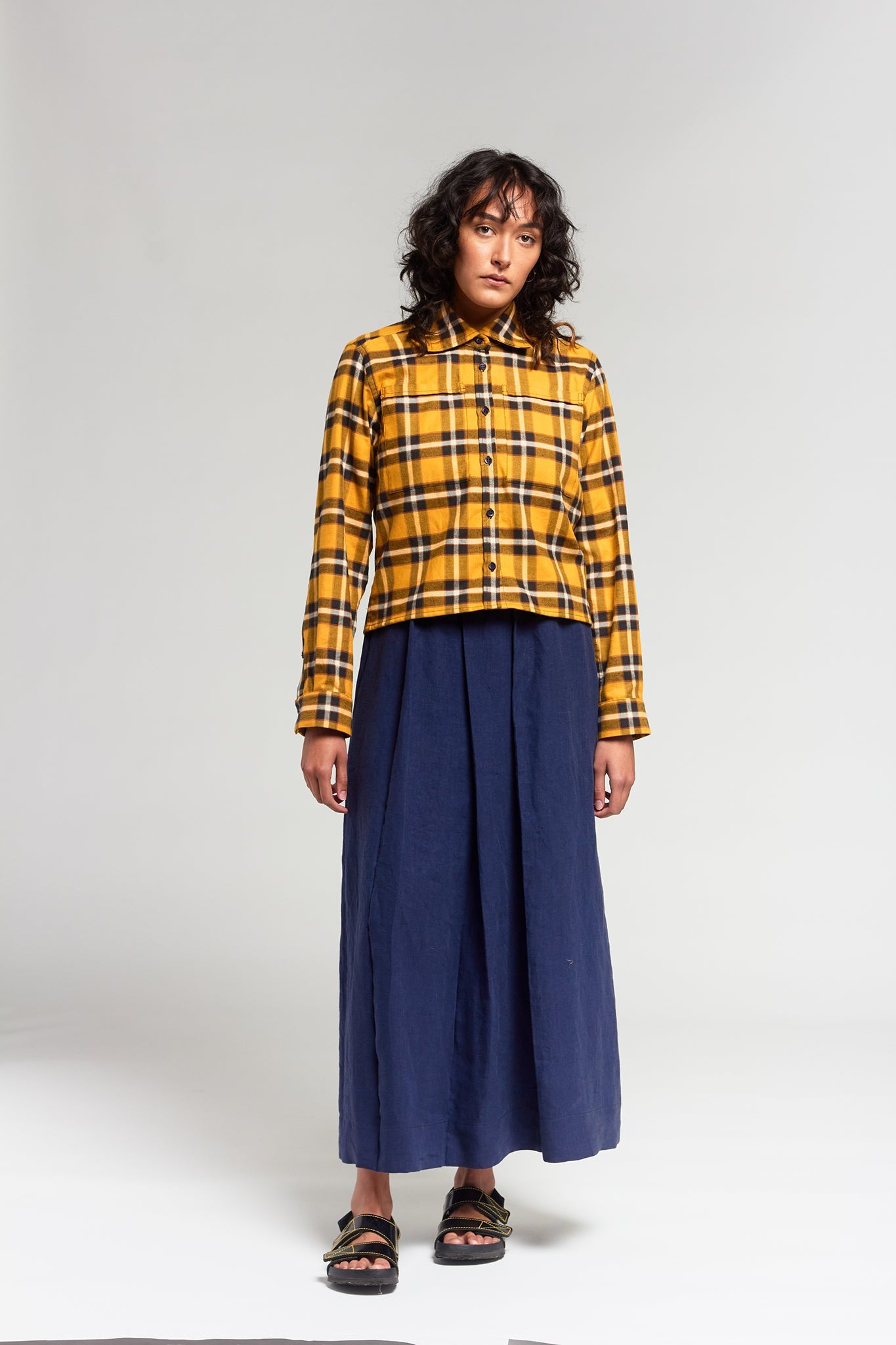 A.BCH A.46 Navy Marigold Plaid Cropped Fine Flannel Shirt in Japanese Organic Cotton