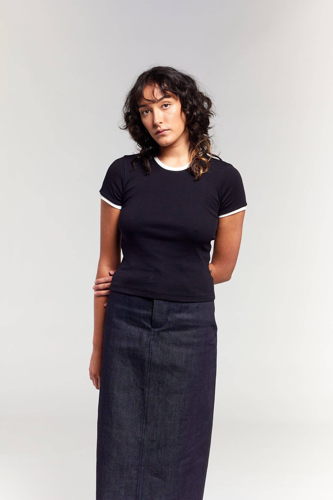 A.BCH A.48 Black Contrast Rib T-Shirt in Organic Cotton