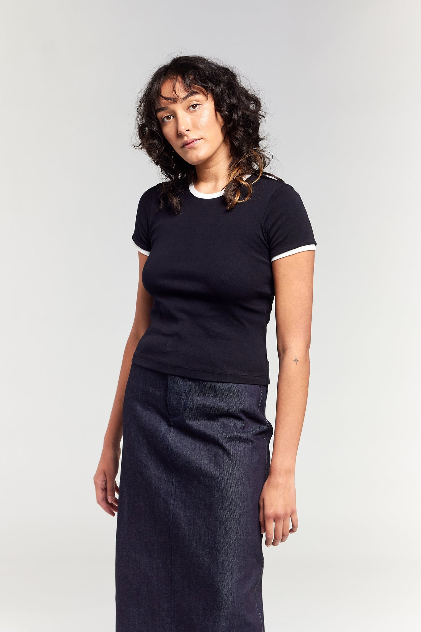 A.BCH A.48 Black Contrast Rib T-Shirt in Organic Cotton