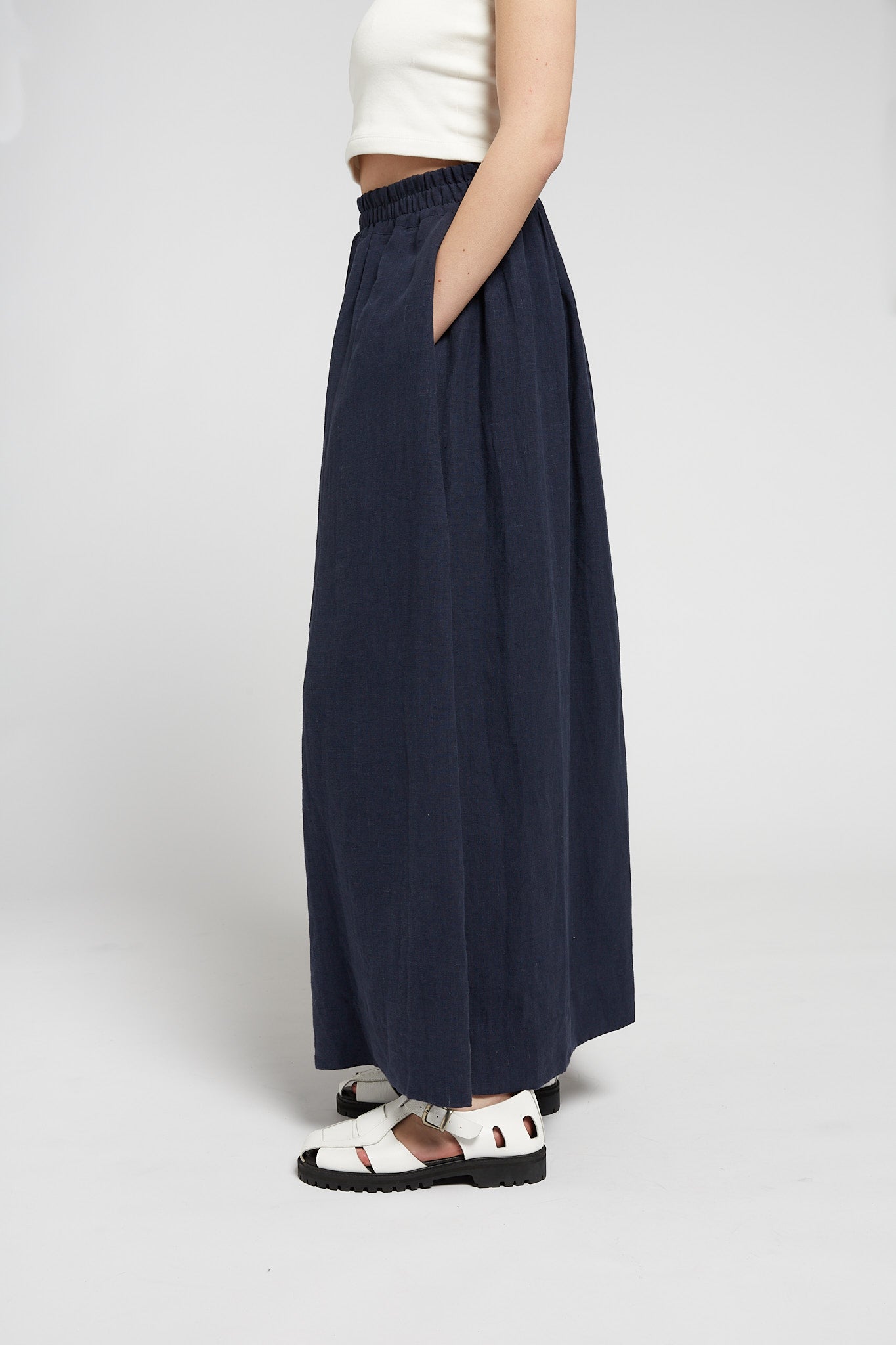 A.BCH A.50 Navy Asymmetric Pleated Skirt in Organic Linen