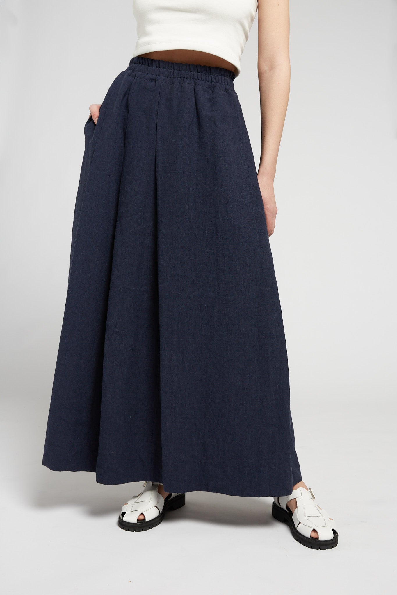 A.BCH A.50 Navy Asymmetric Pleated Skirt in Organic Linen