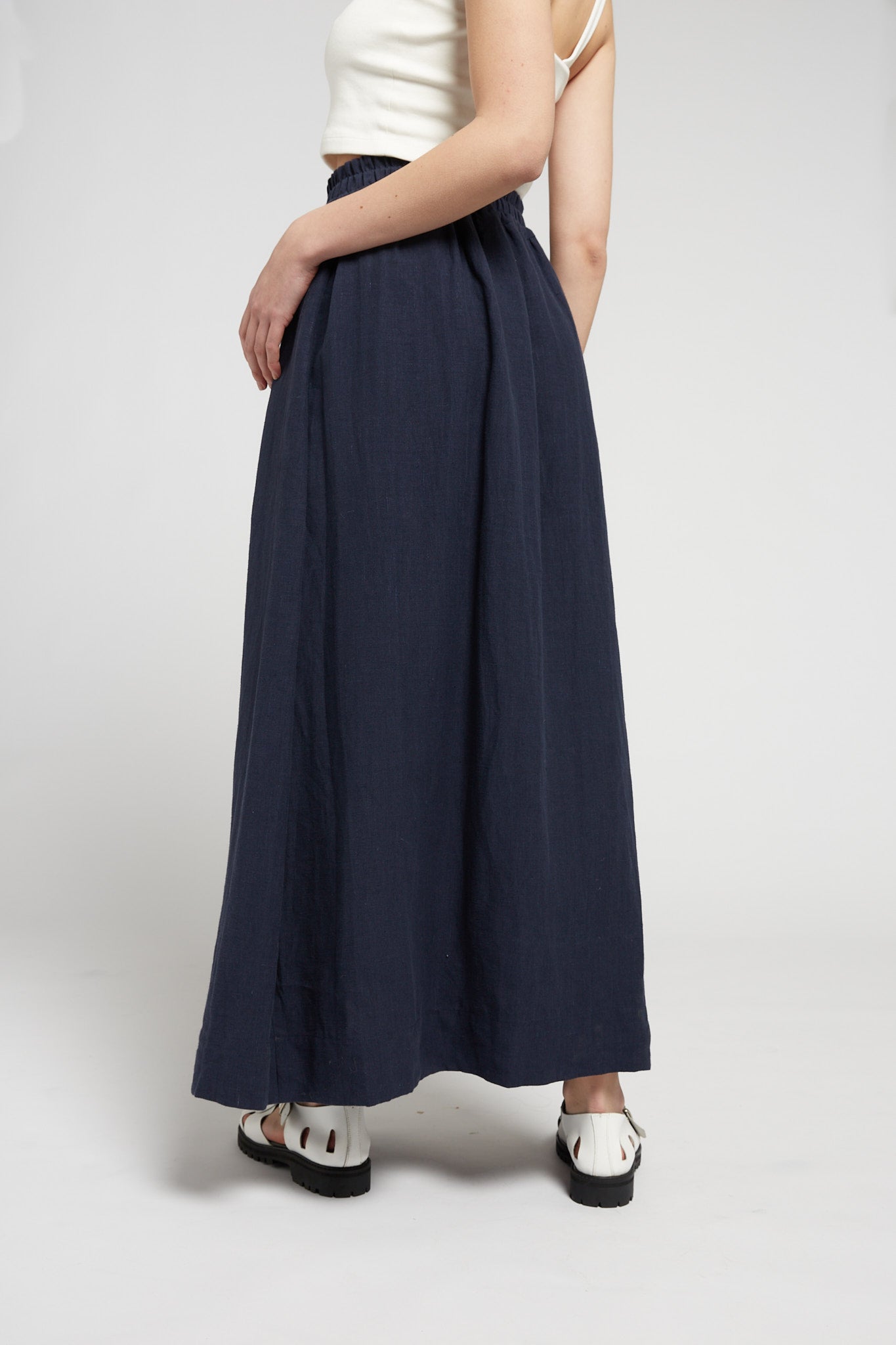 A.BCH A.50 Navy Asymmetric Pleated Skirt in Organic Linen