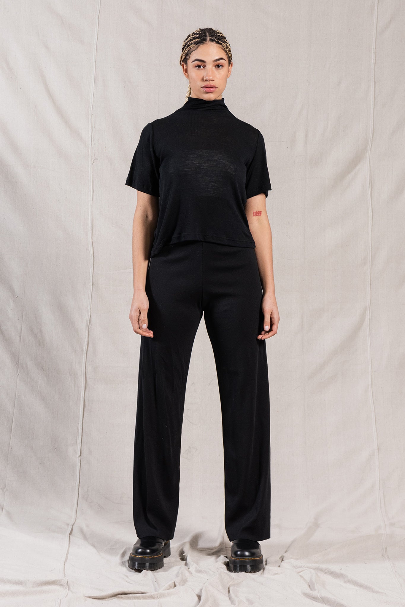 A.BCH A.57 Black Rib Skivvy Trousers in Black Organic Cotton