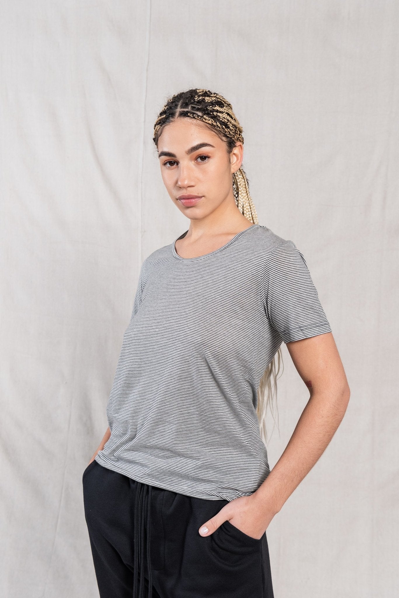 A.BCH A.03 Charcoal Stripe Fine T-Shirt in Organic Cotton