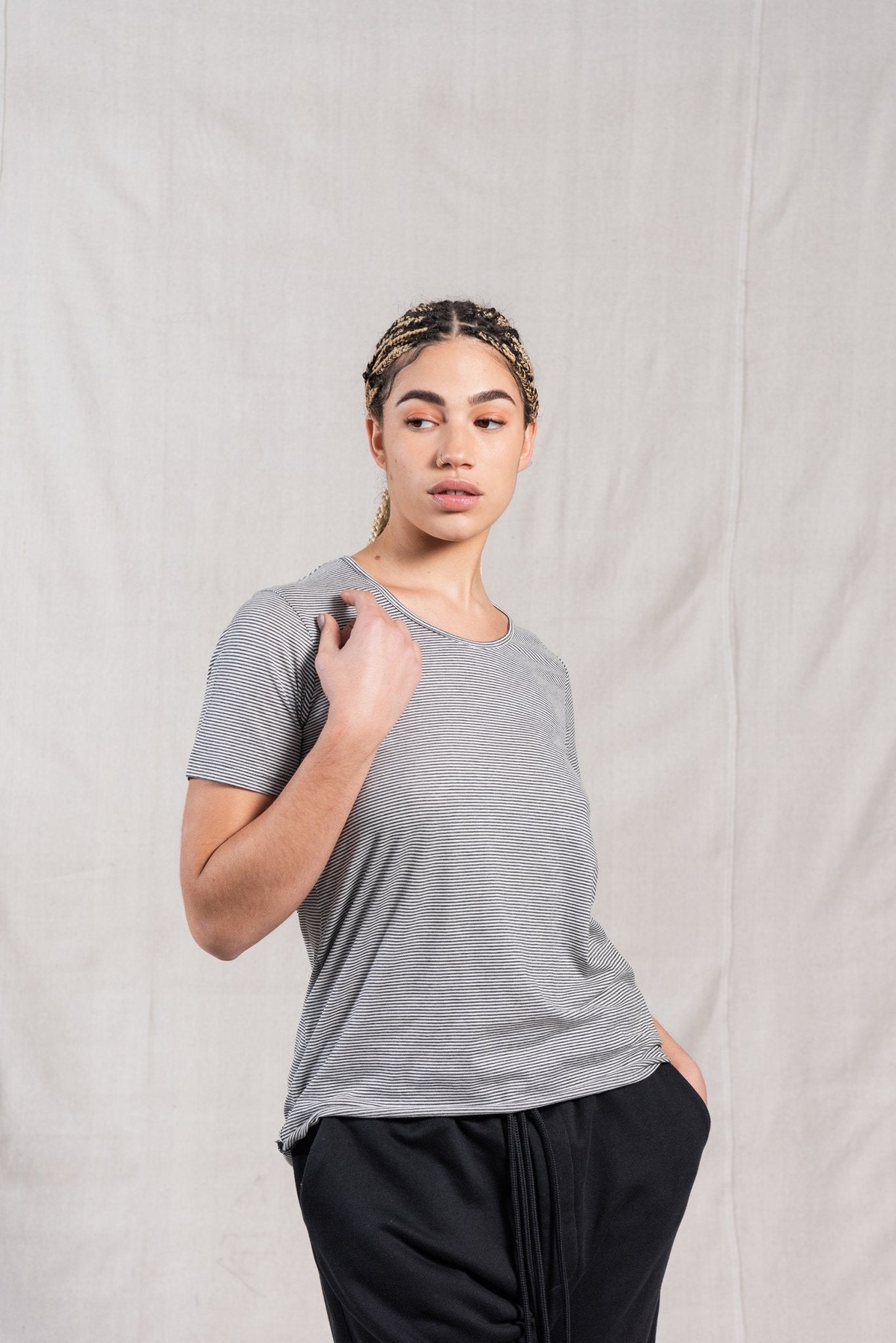 A.BCH A.03 Charcoal Stripe Fine T-Shirt in Organic Cotton
