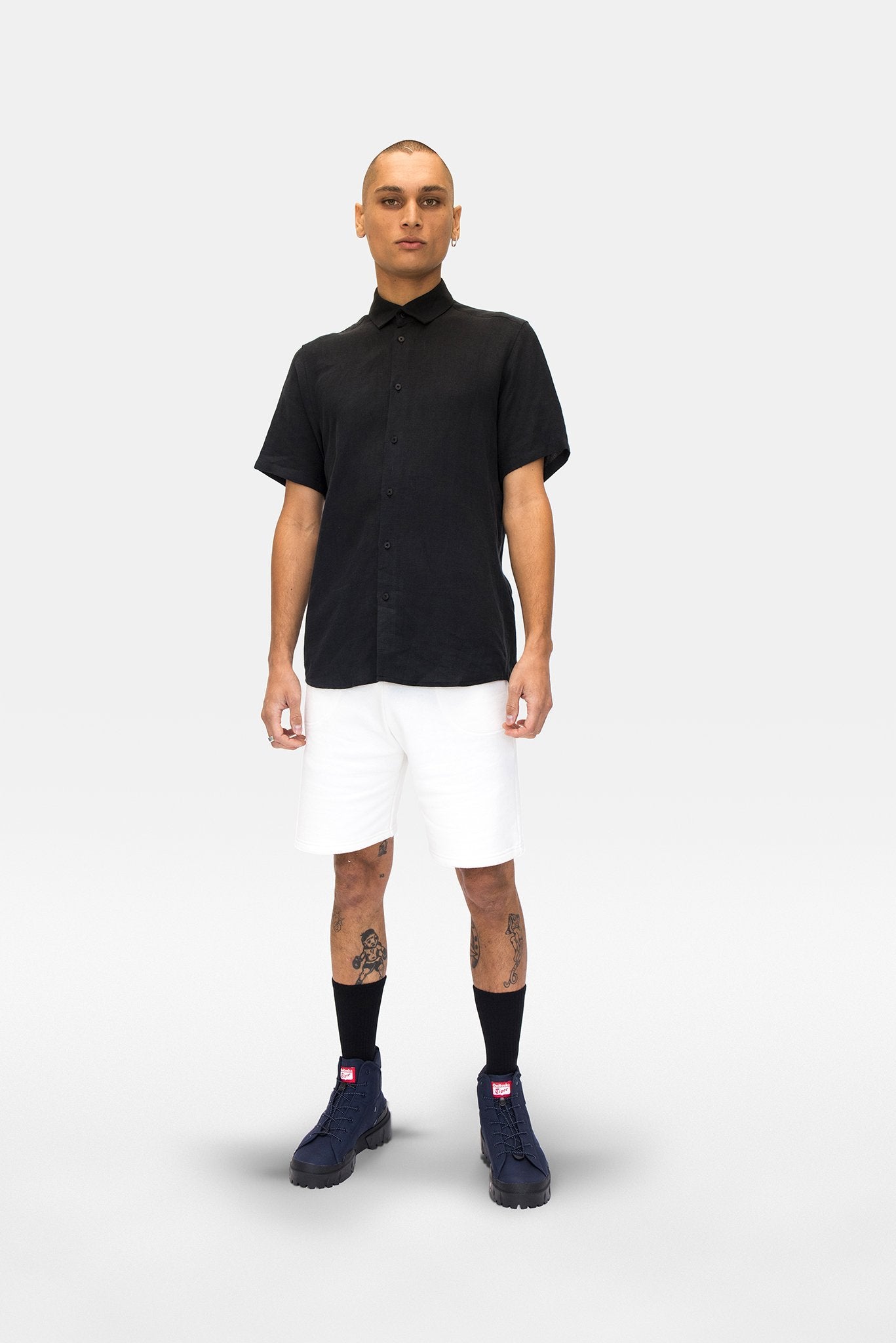 A.BCH A.04 Black Short Sleeve Button Up Shirt in Organic Linen