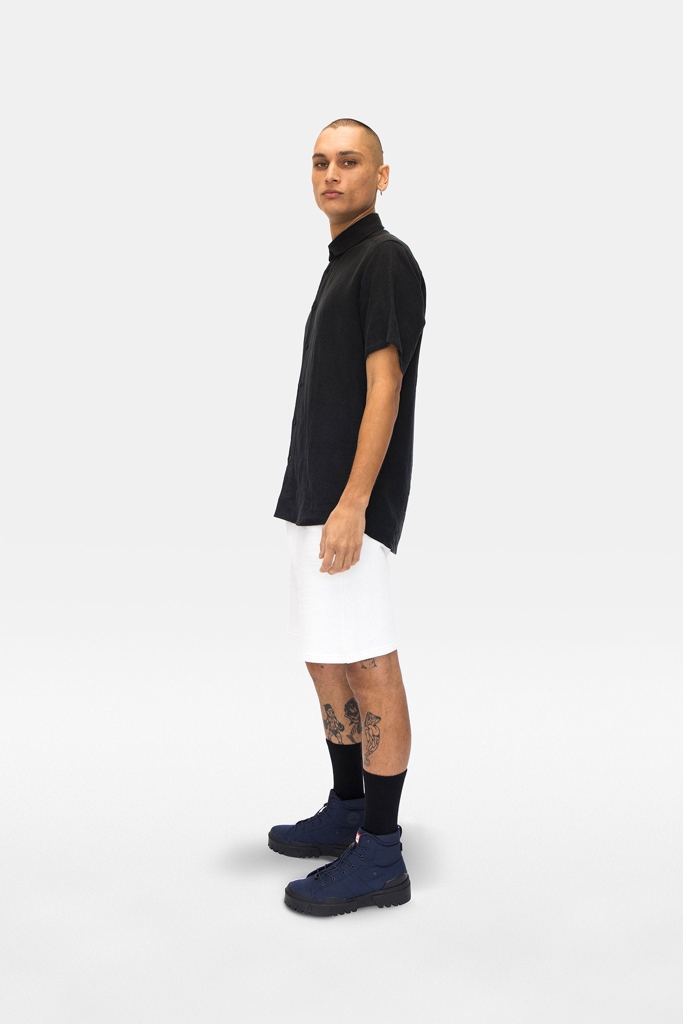 A.BCH A.04 Black Short Sleeve Button Up Shirt in Organic Linen