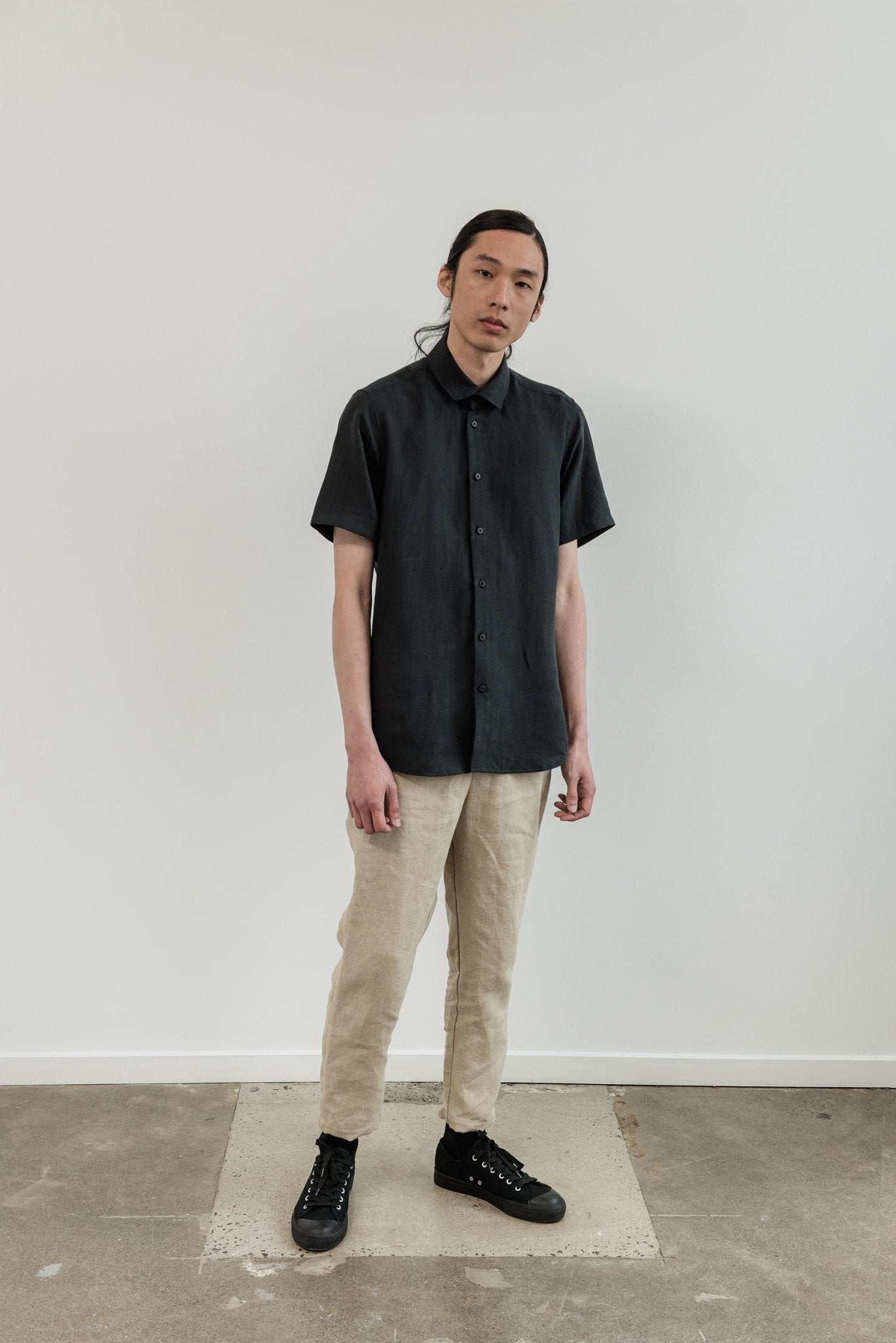A.BCH A.04 Black Short Sleeve Button Up Shirt in Organic Linen
