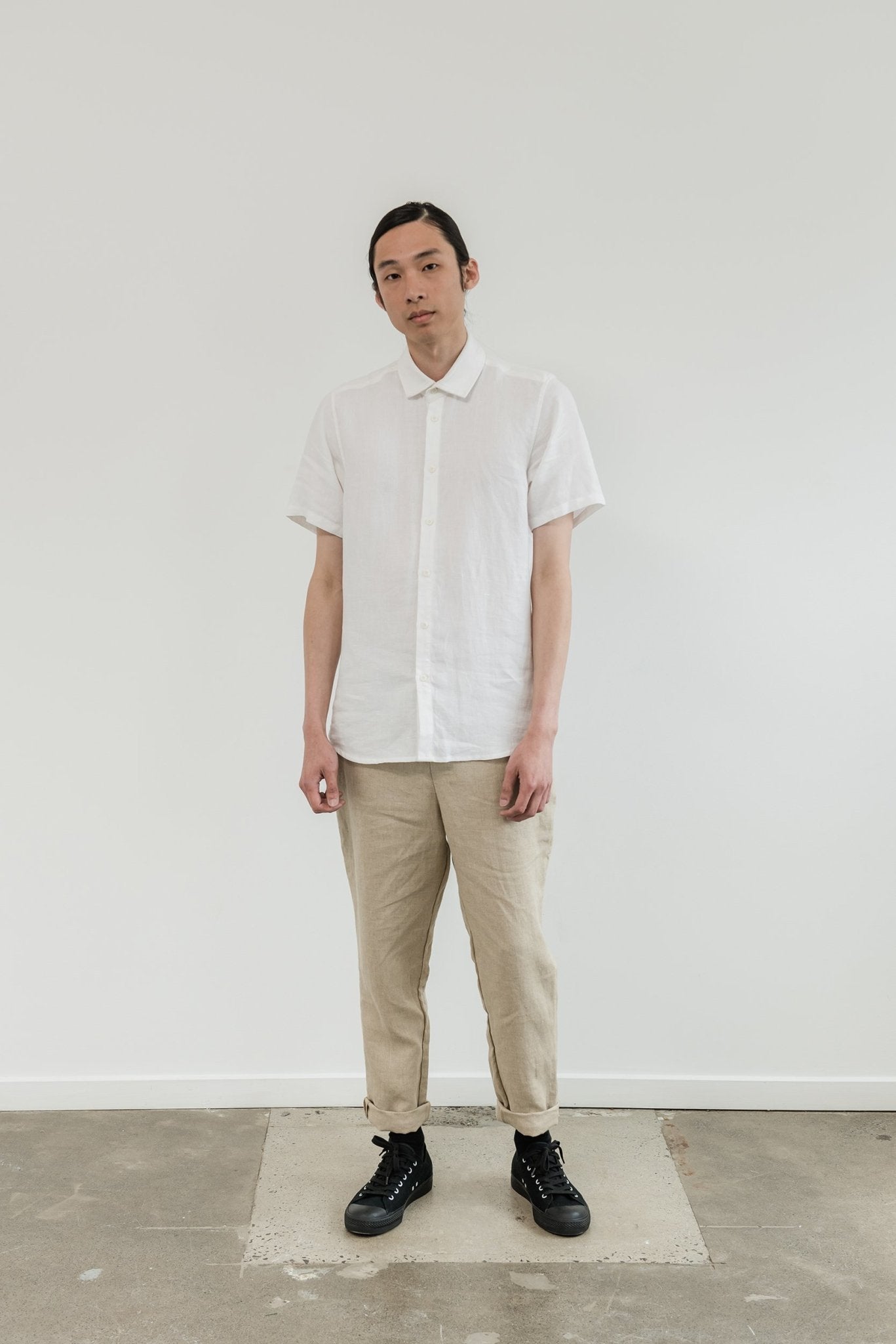 A.BCH A.04 White Short Sleeve Button Up Shirt in Organic Linen