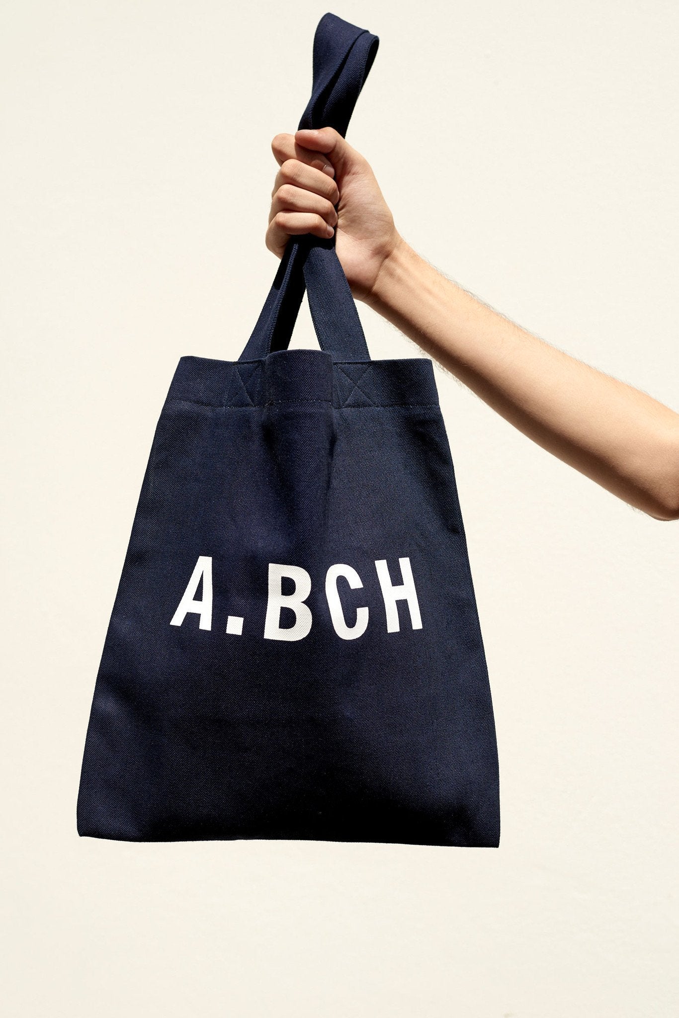 A.BCH A.06 Indigo Raw Denim Signature Tote Bag in Organic Cotton and White A.BCH Print