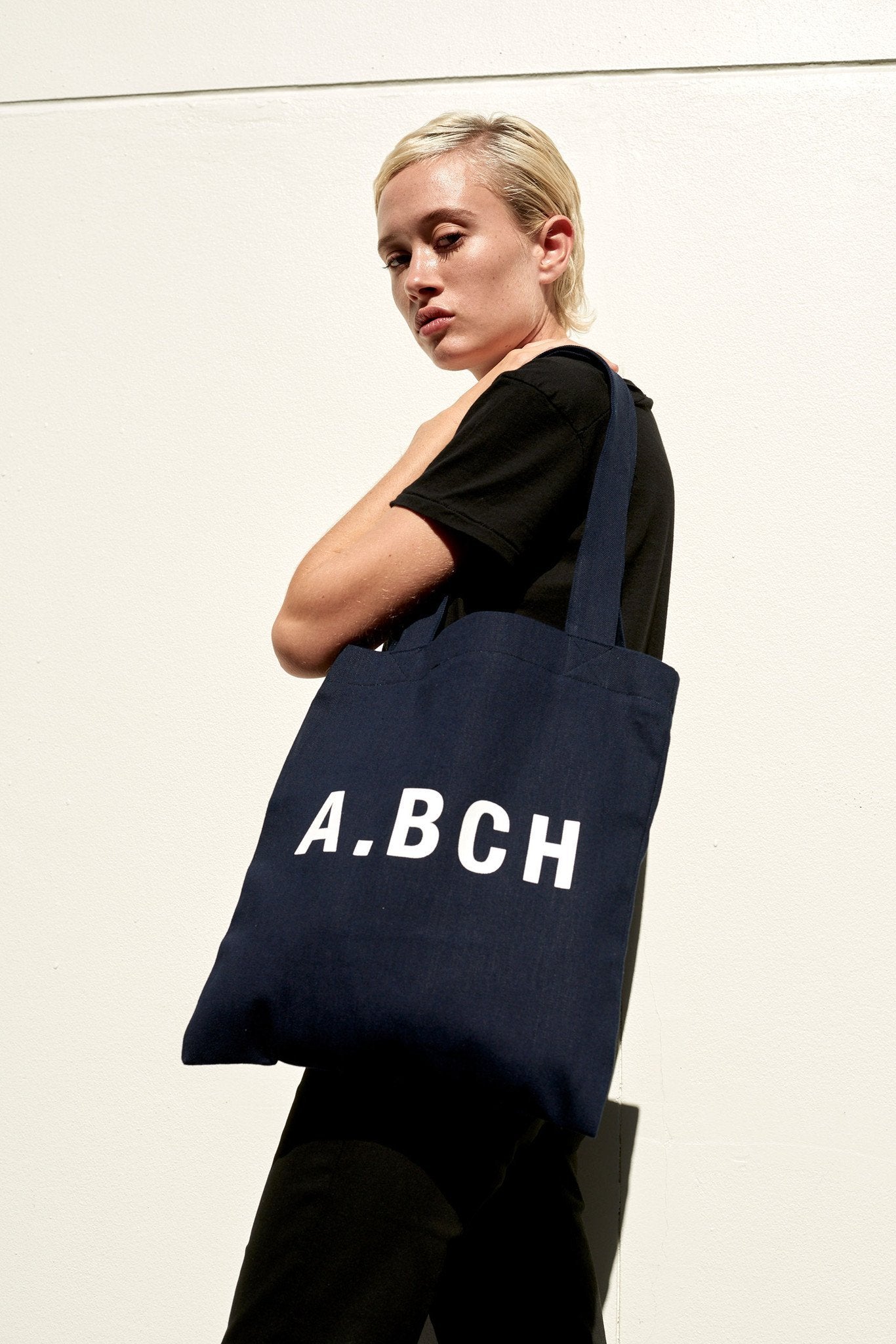 A.BCH A.06 Indigo Raw Denim Signature Tote Bag in Organic Cotton and White A.BCH Print