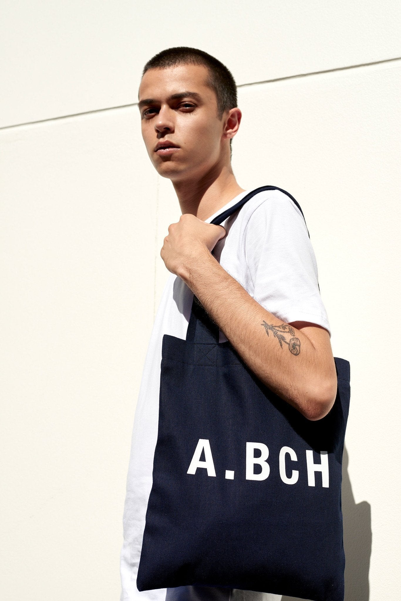 A.BCH A.06 Indigo Raw Denim Signature Tote Bag in Organic Cotton and White A.BCH Print