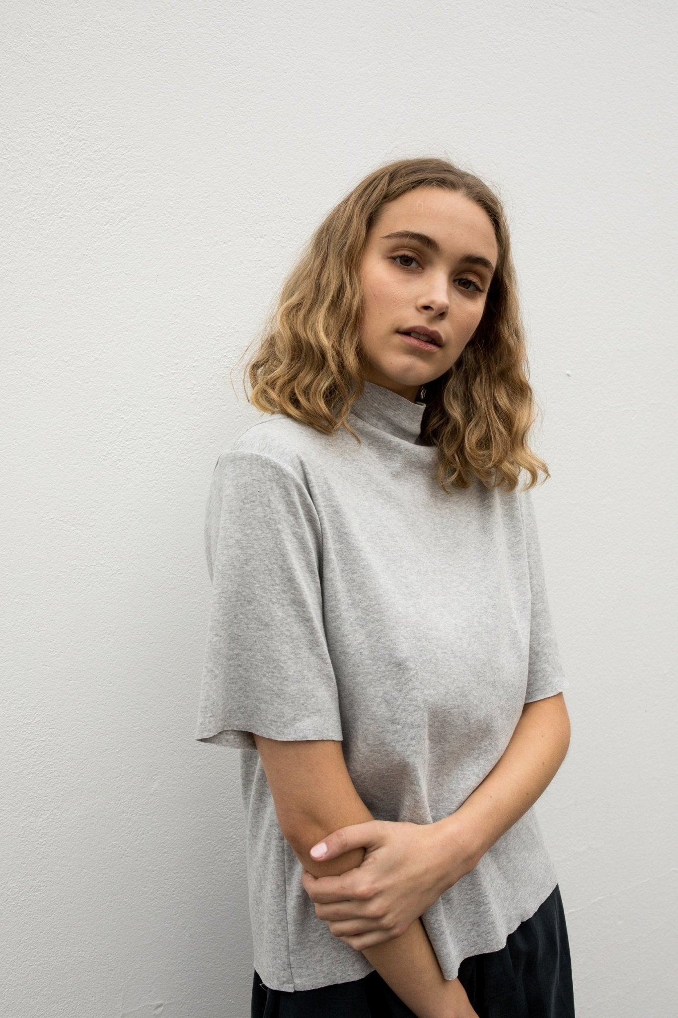 A.BCH A.14 Grey Marle Short Sleeve Skivvy in Organic Cotton Rib