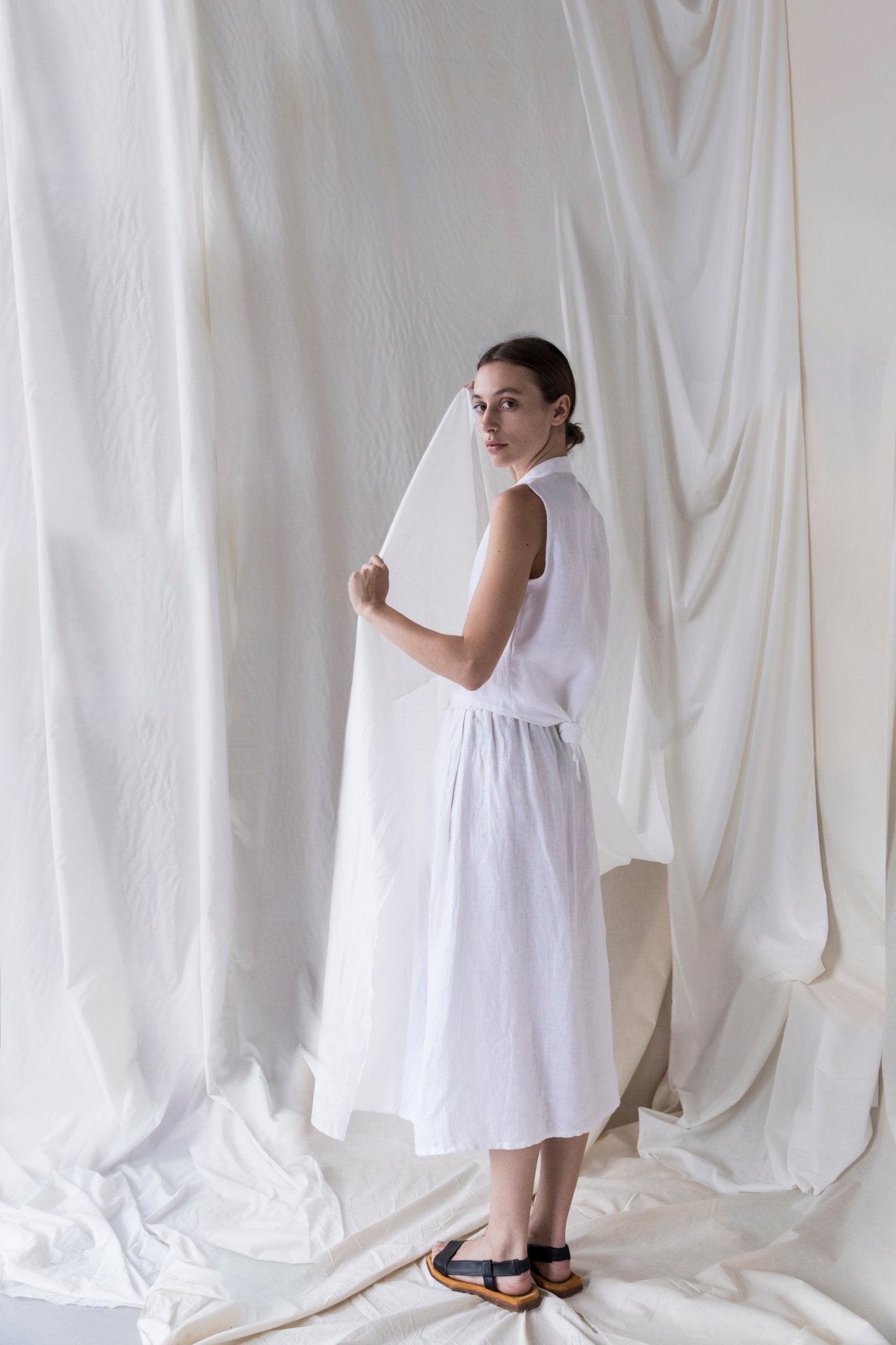 A.BCH A.20 White Linen Button Up Skirt in Organic Linen