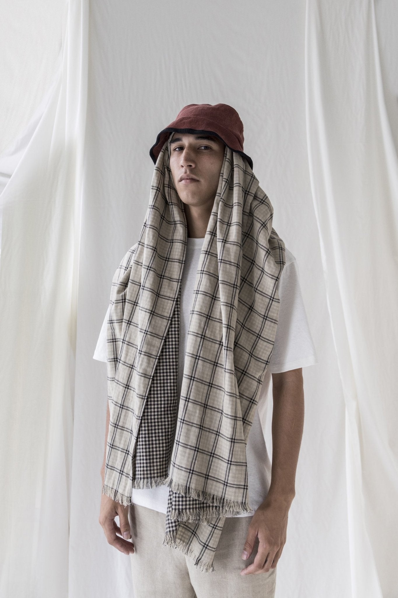 A.BCH A.26 Black/ Beige Plaid Bolt Check Scarf in Organic Cotton
